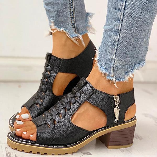 Cut-out Embroidered Chunky Heel Peep-toe Sandals